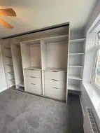 Taupe Grey wardrobe with external open shelves to provide full use of the space